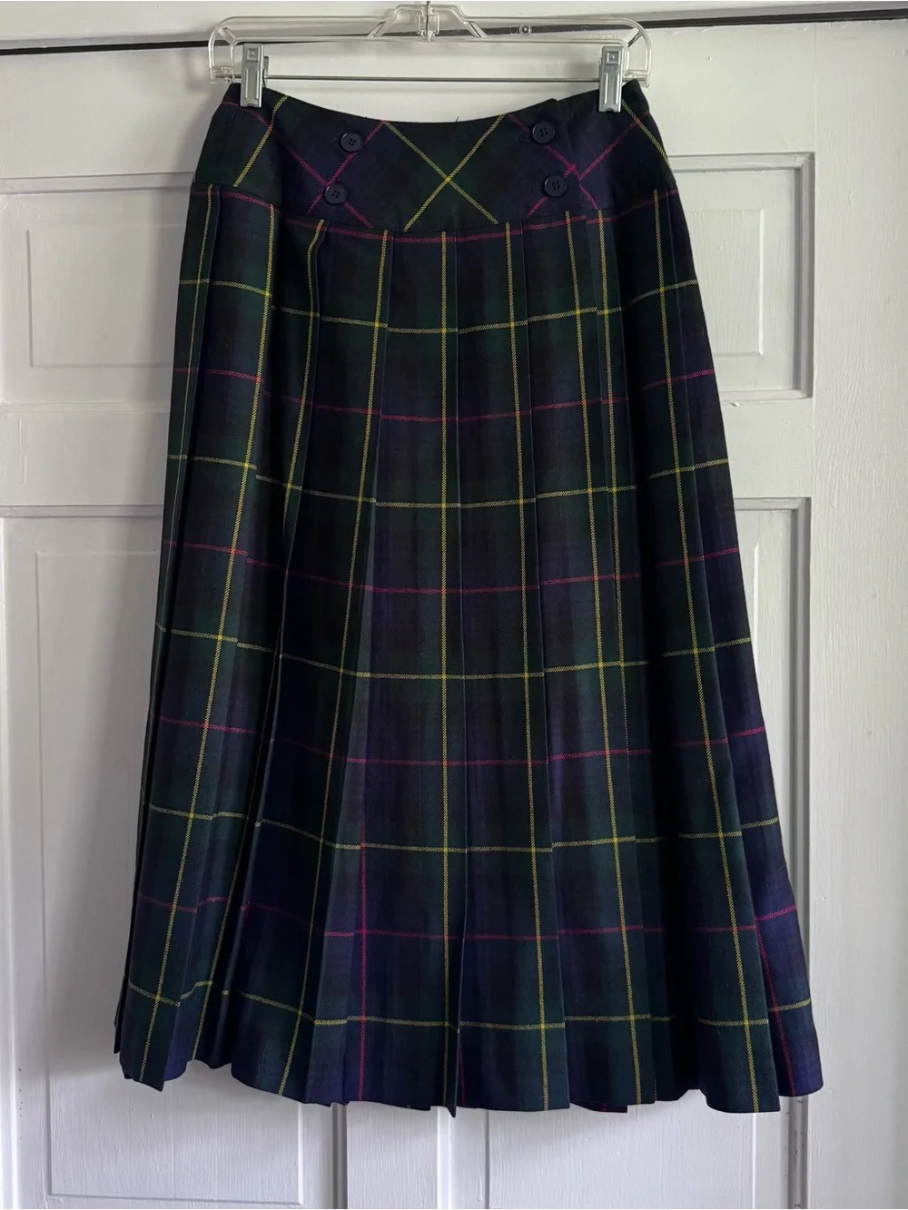 VTG Charter Club Green Navy Plaid Tartan 100% Wool Skirt Made in England Sz 8